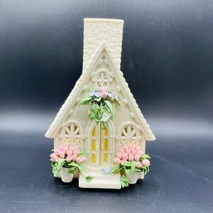 Vintage Bisque Porcelain Church Figurine Floral Rose Luminary Tea Light Holder